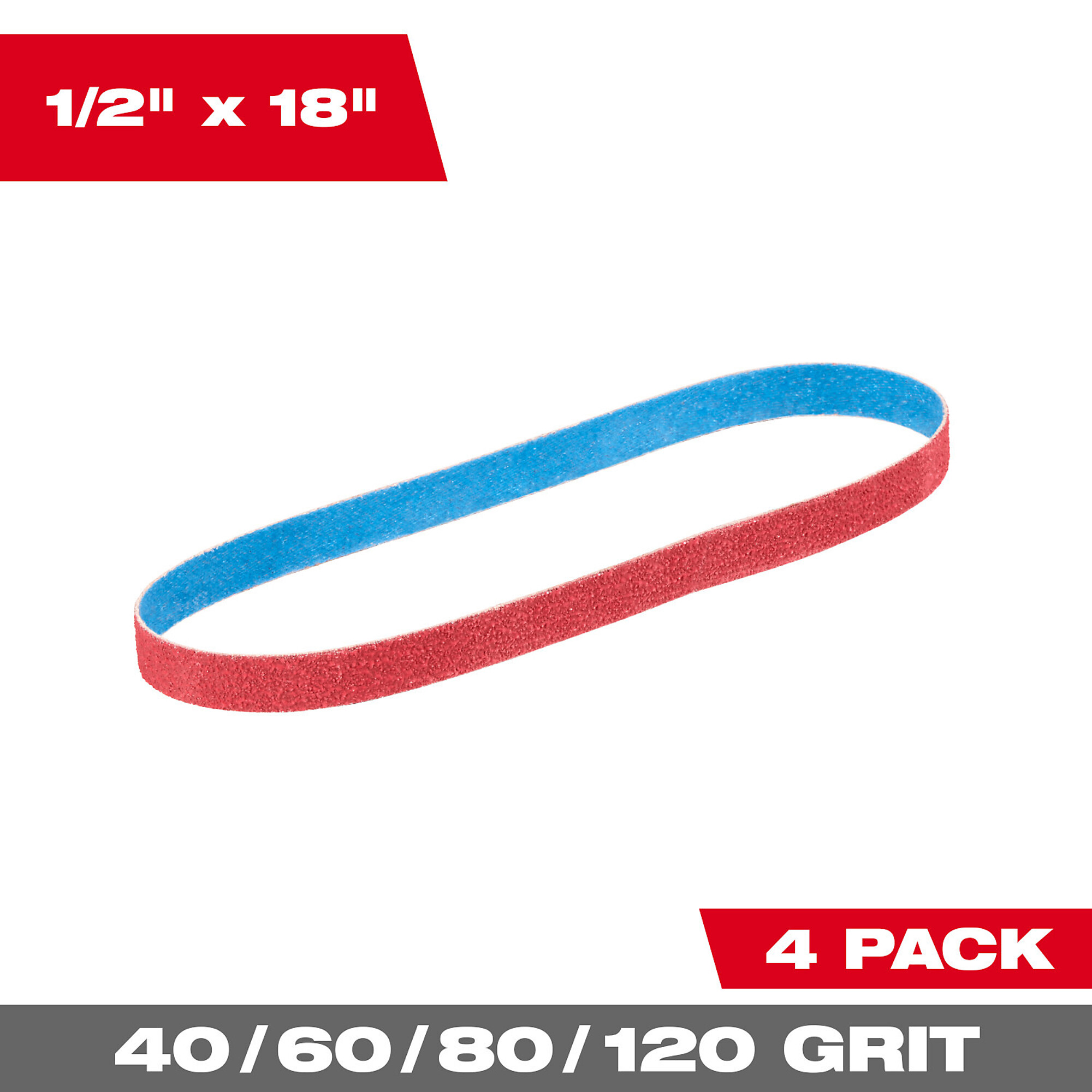 Milwaukee 1/2” x 18” 40/60/80/120 Grit Bandfile Belts – 4 pack variety, Model# 48-80-9000